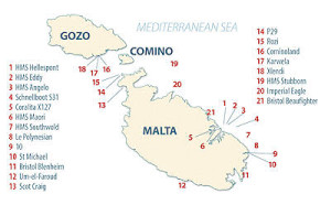 Localización de los barcos hundidos en Malta y Gozo.
