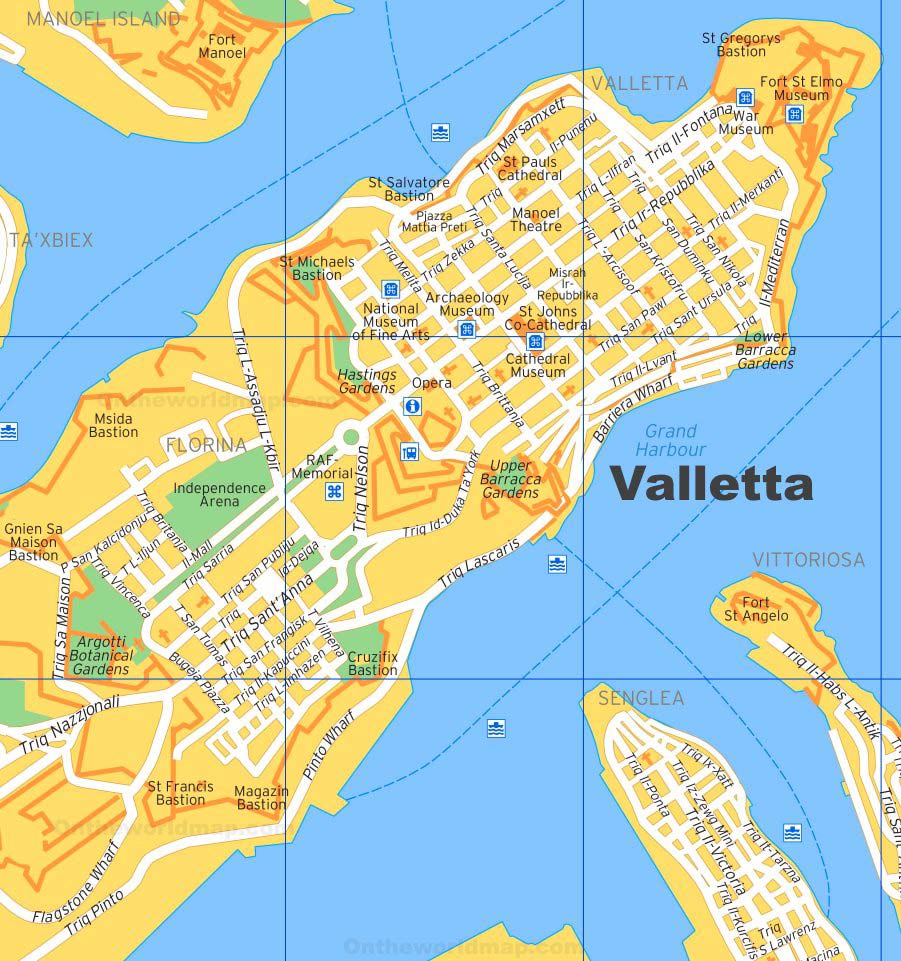 Mapa, plano y callejero de La Valletta en la isla de Malta